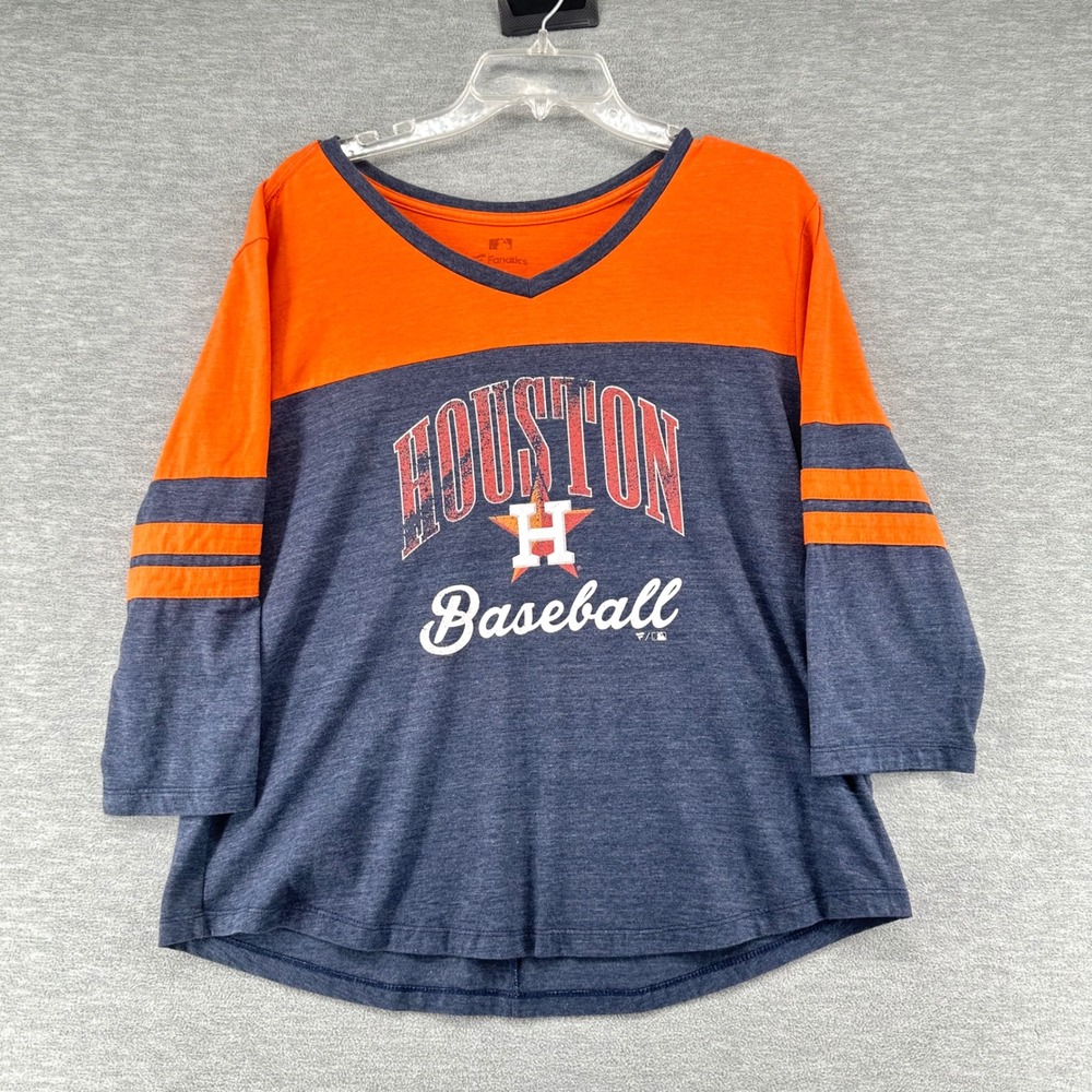 Houston Astros T-Shirt Womens XL Blue Orange Fanatics Baseball 3/4 Sleeve V-Neck